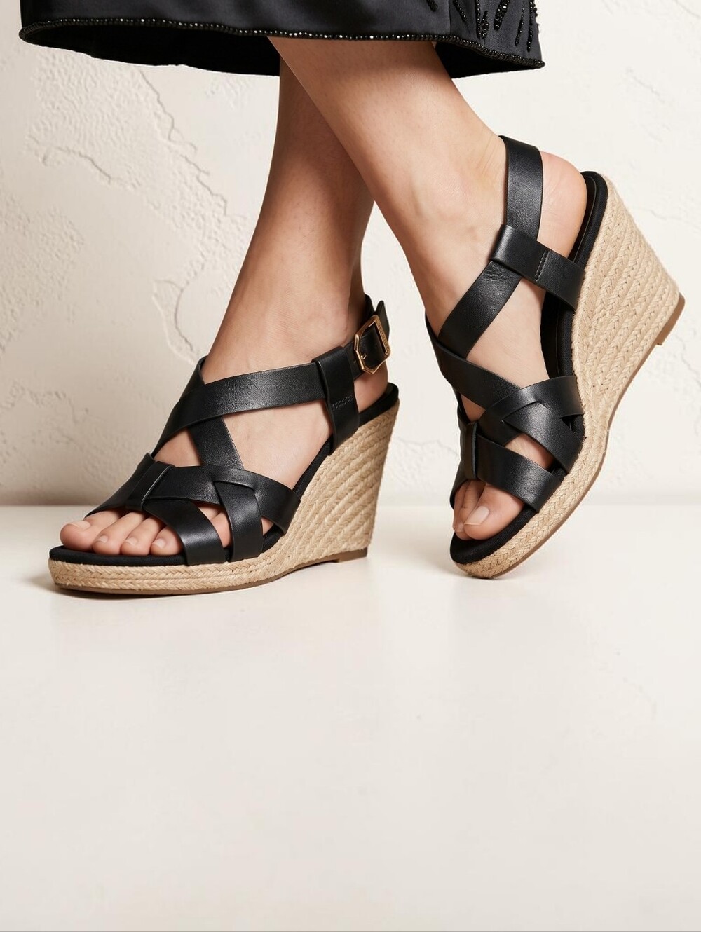 Cole Haan Women's Crystal Black Leather Sandals, Tan Woven Wedge, NWOB, Size 9